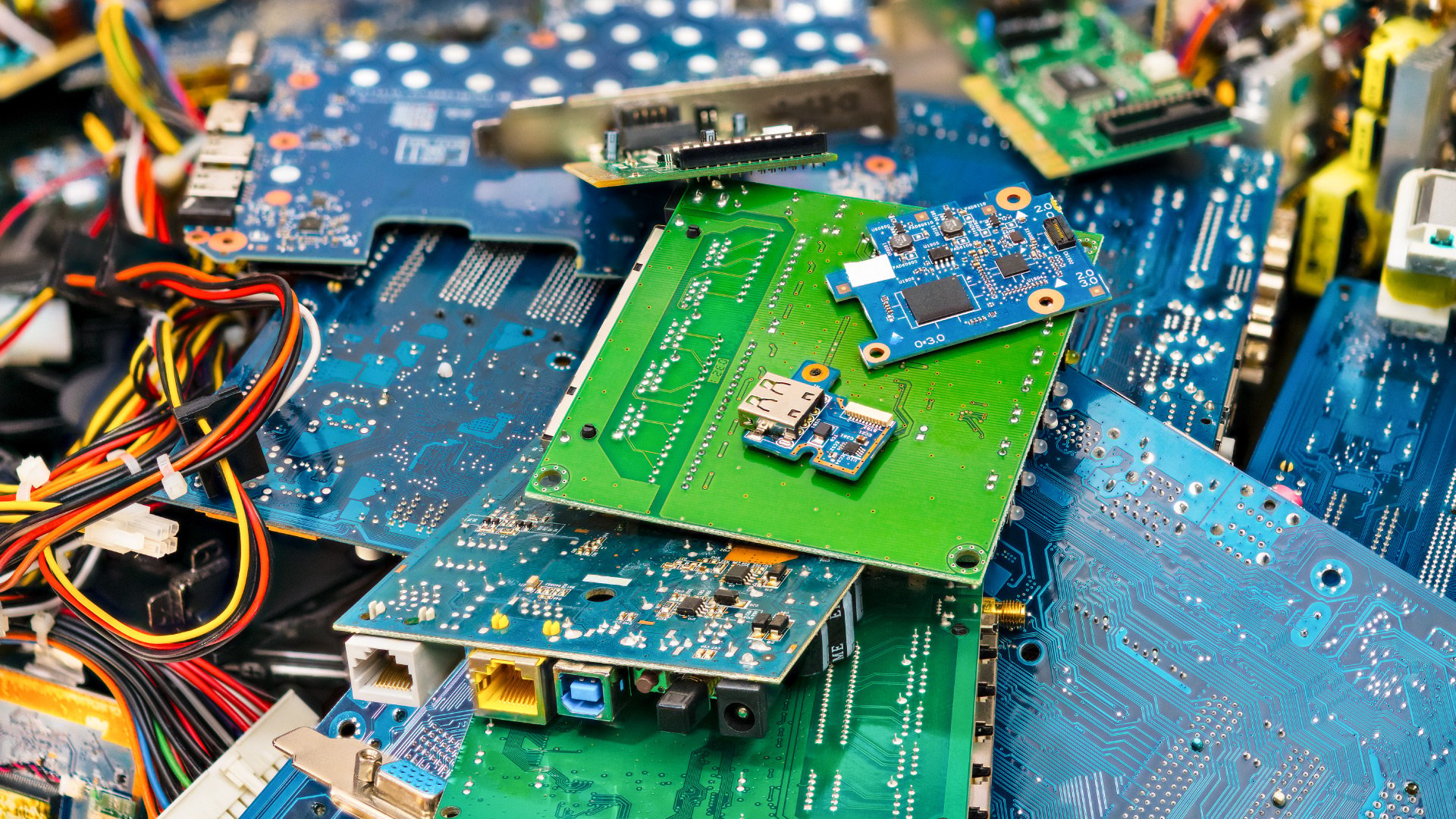 Green and blue computer chips sit on a pile of electronic waste