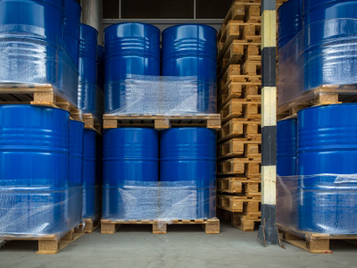 blue waste barrels neatly organized